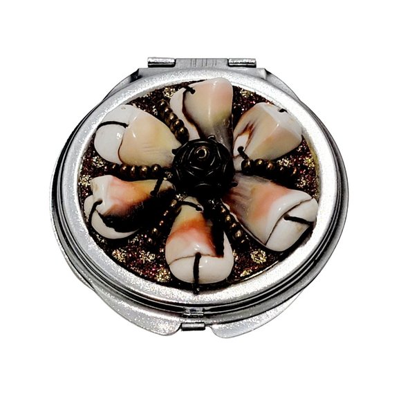 Vintage Silver Tone Handmade Shells & Beads Compact Mirror for Makeup, etc. - Picture 1 of 7
